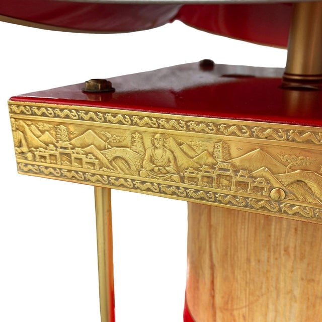 1950s Mid-Century Modern Pagoda Enameled Red Metal & Gold-Tone Tole Chinoiserie Chandelier - 16