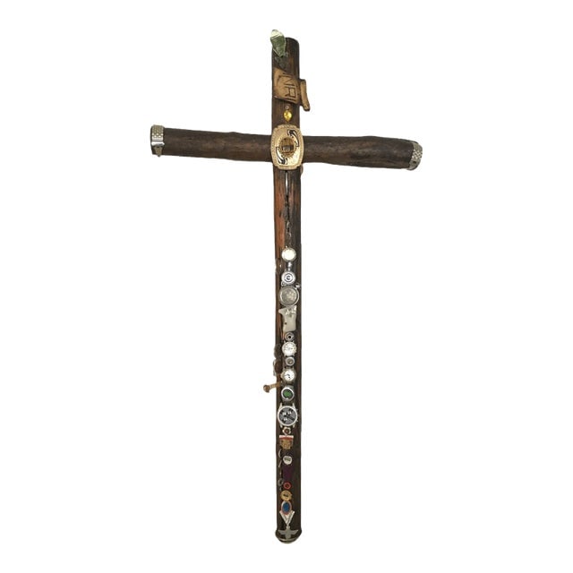 Vintage Large Wood Logs Cross With Metal and Glass Decorations: Title: Vintage Large Wood Logs Cross With Metal and Glass Decorations Description: Vintage Large Wood Logs Cross with Metal and Glass decorations. $975 This large cross is made of a beautiful pair of 
