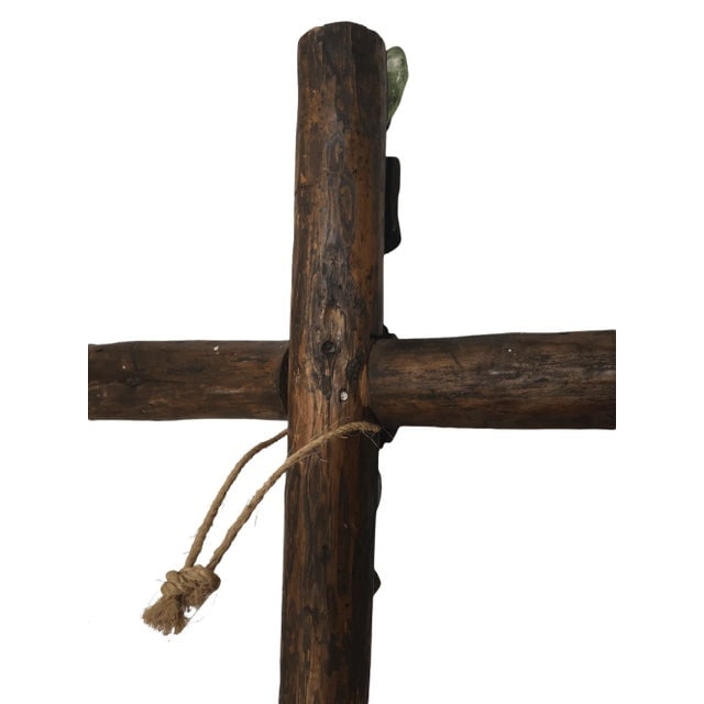 Vintage Large Wood Logs Cross With Metal and Glass Decorations - 8