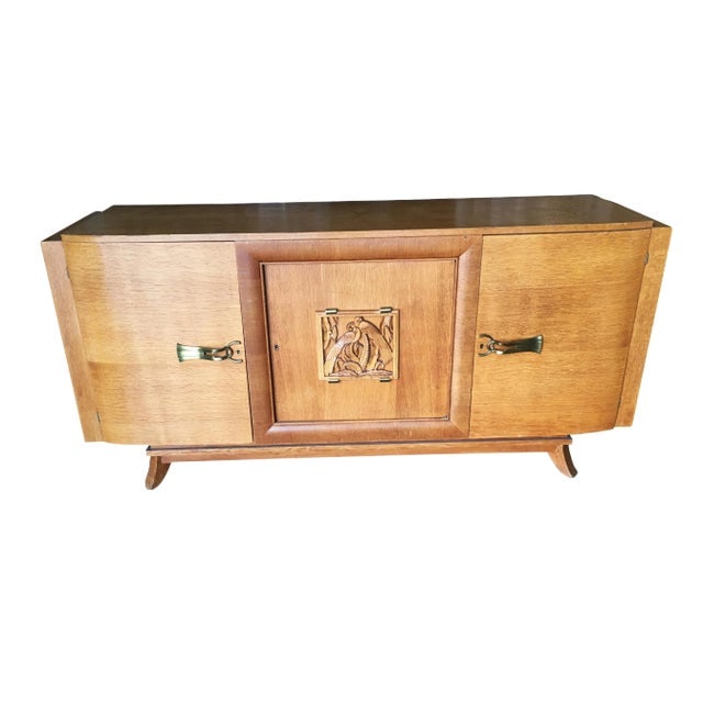 James Mont Style Sideboard W/ Carved Art Sculpture: Title: James Mont Style Sideboard W/ Carved Art Sculpture Description: Early James Mont style 1940s Mid Century Sideboard with hand-carved East Asian art sculpture along the front. Reserve: $5,865 Shi