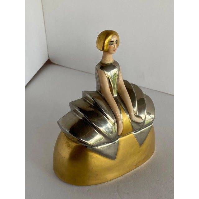 French Hand Painted Female Flapper Ceramic Powder Box by Charles Serpaut Limoges - 3