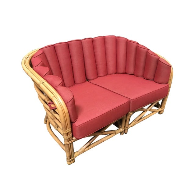 Restored Vintage Art Deco Rattan Shell Back Rattan Sectional Loveseat Sofa - 10