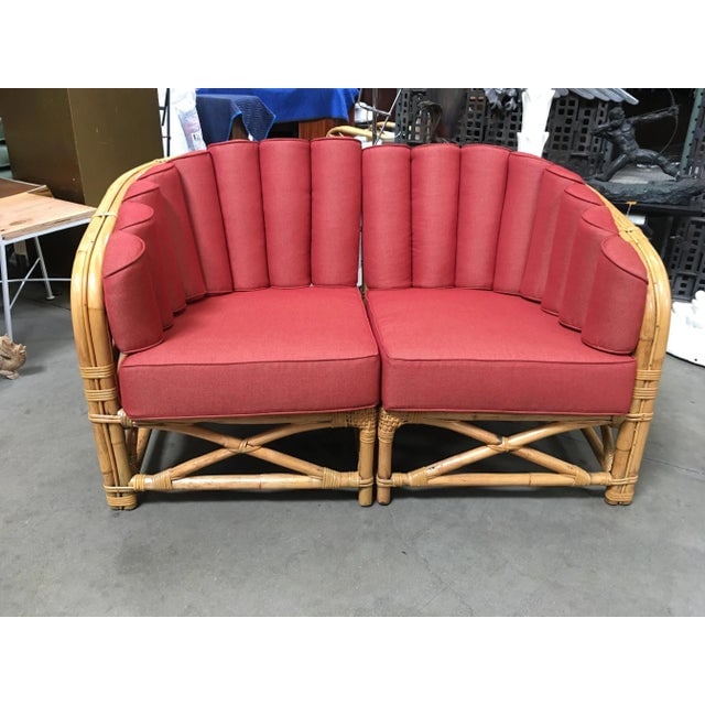 Restored Vintage Art Deco Rattan Shell Back Rattan Sectional Loveseat Sofa - 2