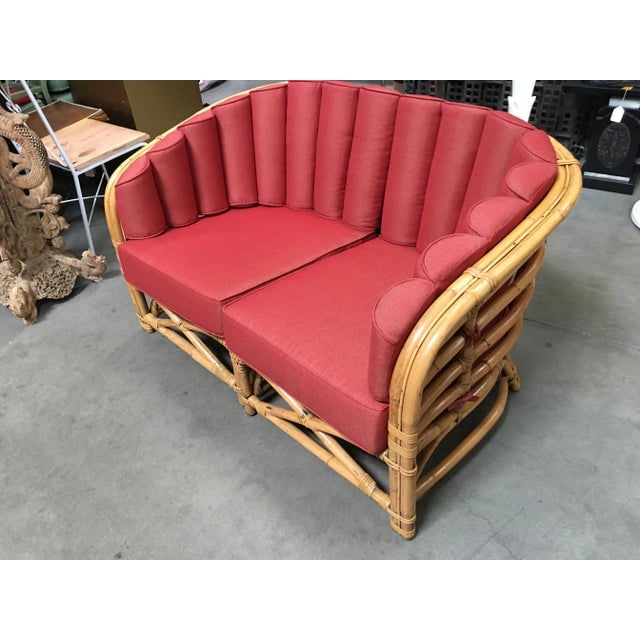 Restored Vintage Art Deco Rattan Shell Back Rattan Sectional Loveseat Sofa - 3