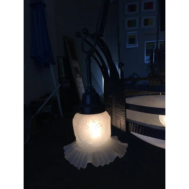 Black Iron Tole 6 Light Chandelier With Alabaster and Acid Patina - 2