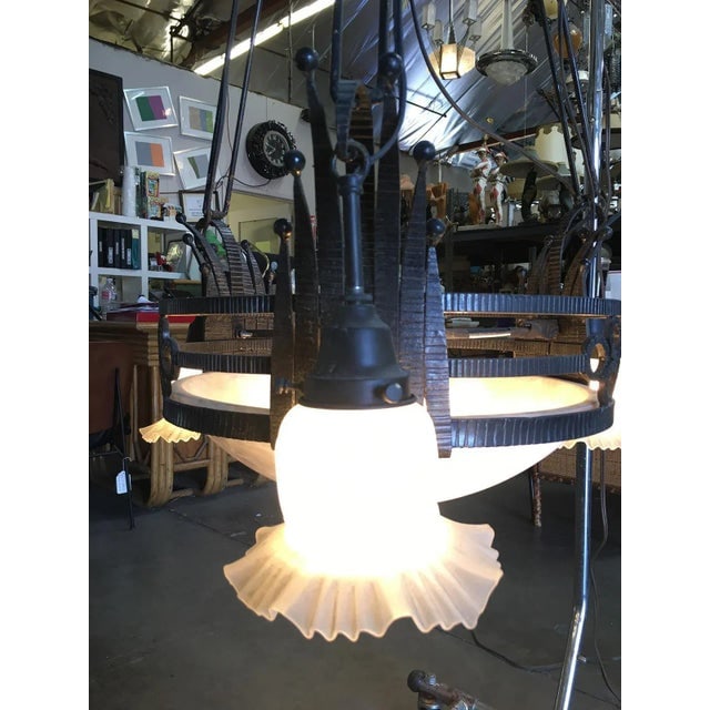 Black Iron Tole 6 Light Chandelier With Alabaster and Acid Patina - 3