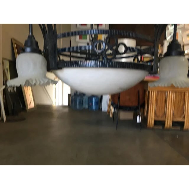 Black Iron Tole 6 Light Chandelier With Alabaster and Acid Patina - 4