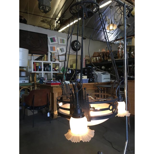 Black Iron Tole 6 Light Chandelier With Alabaster and Acid Patina - 5