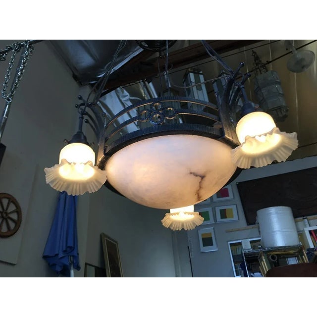 Black Iron Tole 6 Light Chandelier With Alabaster and Acid Patina - 6