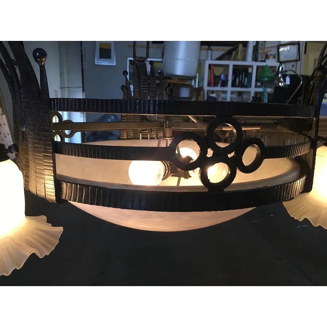 Black Iron Tole 6 Light Chandelier With Alabaster and Acid Patina - 7