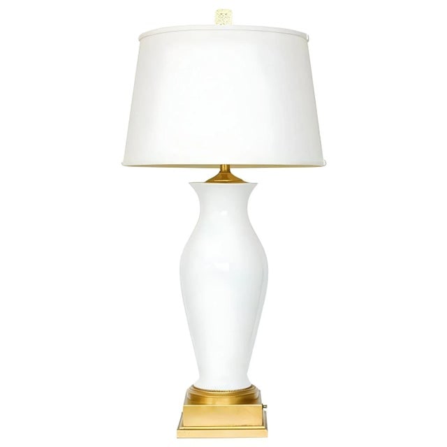 Mid-Century White Porcelain & Gold Leaf Table Lamp With Shade - 2