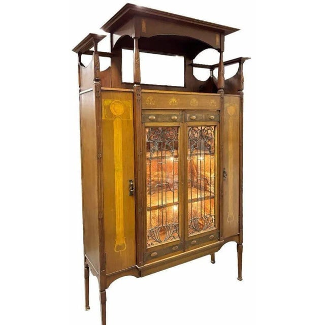 Antique Art Nouveau Mahogany and Floral Marquetry Display Cabinet - 2