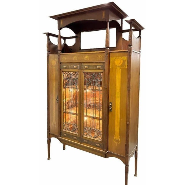 Antique Art Nouveau Mahogany and Floral Marquetry Display Cabinet - 3