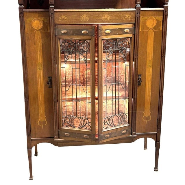 Antique Art Nouveau Mahogany and Floral Marquetry Display Cabinet - 4