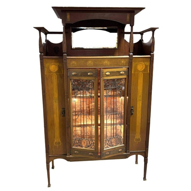 Antique Art Nouveau Mahogany and Floral Marquetry Display Cabinet - 5