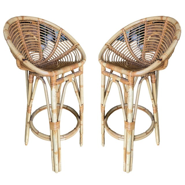 Restored Vintage Albini Style Restored Stick Rattan Bar Stools - a Pair - 9