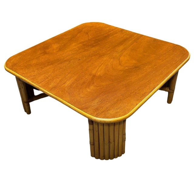 1950s Restored Square Rattan Coffee Table W/ Vertically Stacked Legs - 4