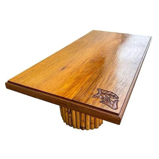 1950s Mid-Century Hand Carved Koa Wood Coffee Table W/ Stacked Rattan Legs - 4