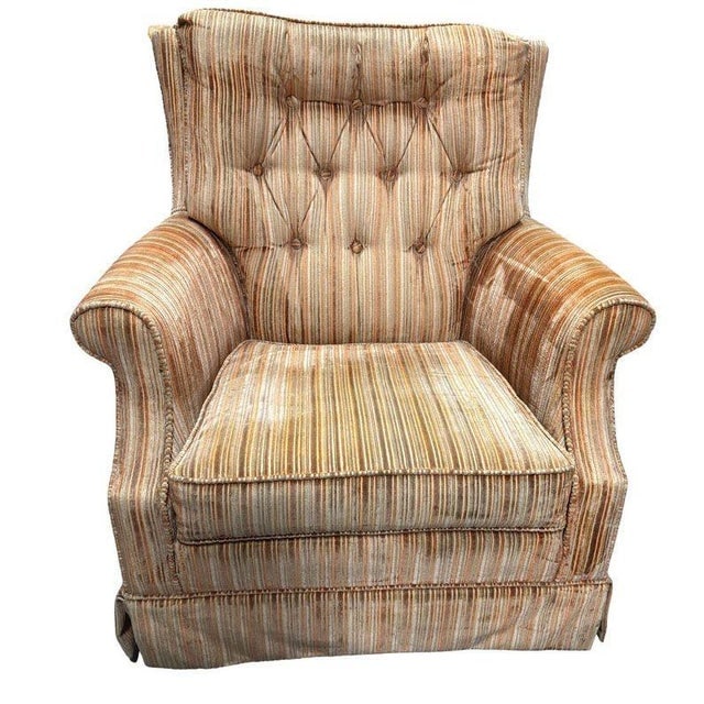 1970 Tuffted Velvet Gold Green Striped Swivel Arm Chair - 2