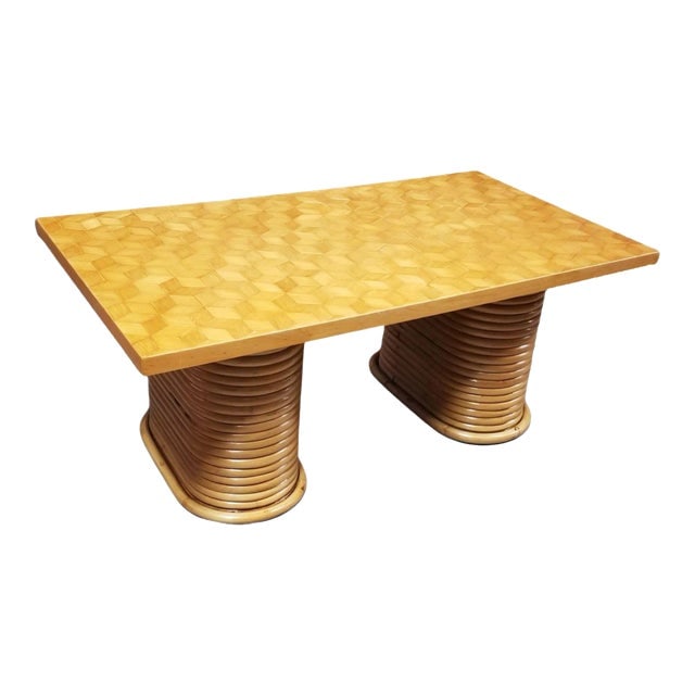 1950s Restored Rattan Cube Pattern Coffee Table Top With Stacked Pedestal Legs (1 of 8)