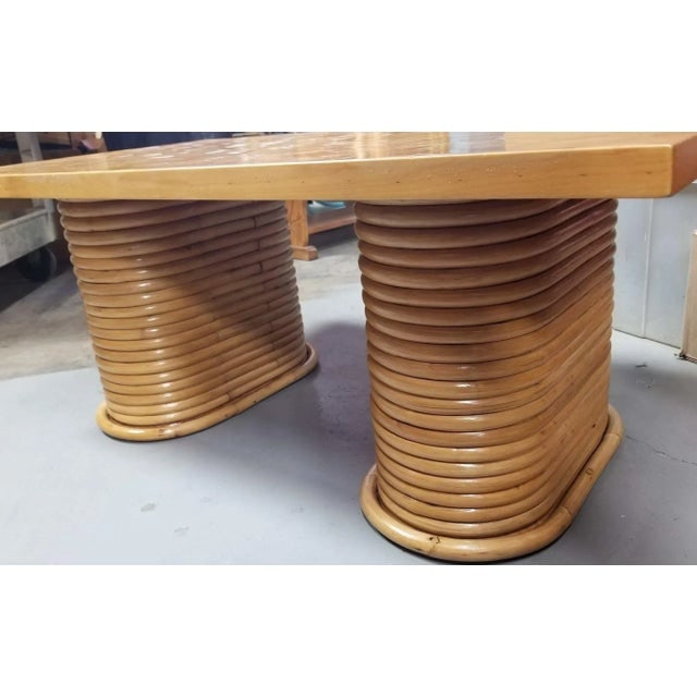1950s Restored Rattan Cube Pattern Coffee Table Top With Stacked Pedestal Legs - 2