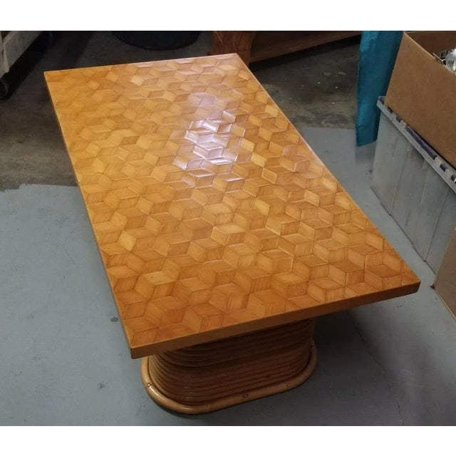 1950s Restored Rattan Cube Pattern Coffee Table Top With Stacked Pedestal Legs - 3