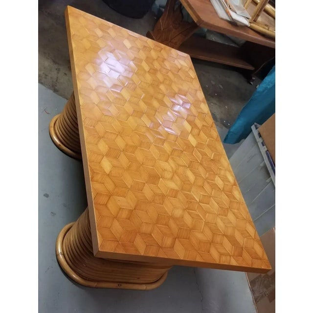1950s Restored Rattan Cube Pattern Coffee Table Top With Stacked Pedestal Legs - 4