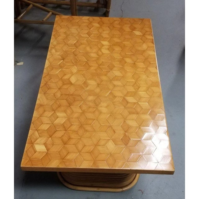 1950s Restored Rattan Cube Pattern Coffee Table Top With Stacked Pedestal Legs - 5