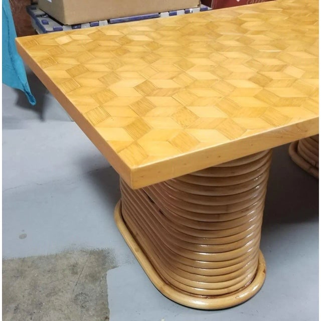 1950s Restored Rattan Cube Pattern Coffee Table Top With Stacked Pedestal Legs - 6