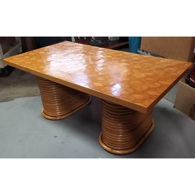 1950s Restored Rattan Cube Pattern Coffee Table Top With Stacked Pedestal Legs - 8
