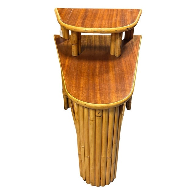 1950s Restored MCM Rattan & Mahogany 3-Tiered Vertically Stacked Rattan Wedge Table - 2