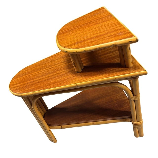 1950s Restored MCM Rattan & Mahogany 3-Tiered Vertically Stacked Rattan Wedge Table - 3