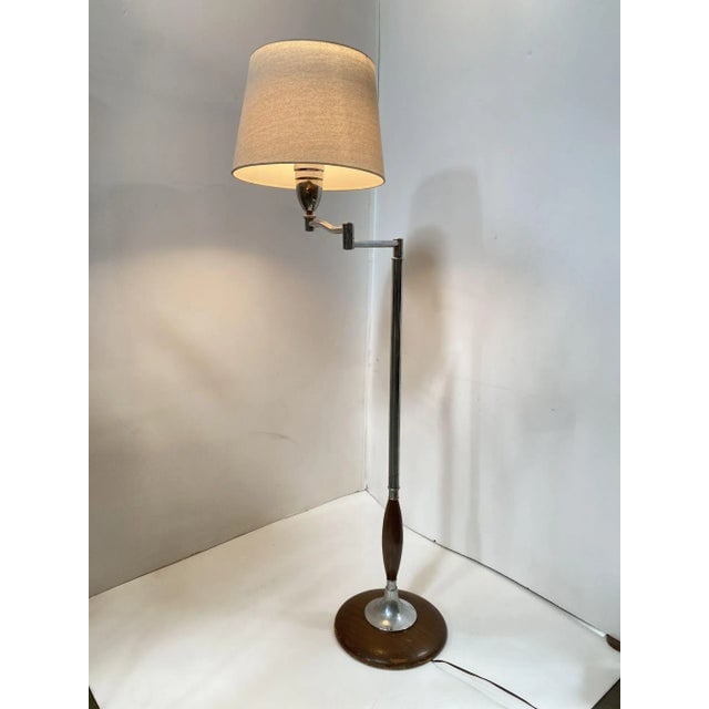 1950s Art Moderne Wood and Chrome Swing Arm Floor Lamp - 2