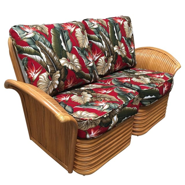 1990s Art "Hawaii" Rattan Fan Arm Two-Seat Sectional Settee Sofa - 2