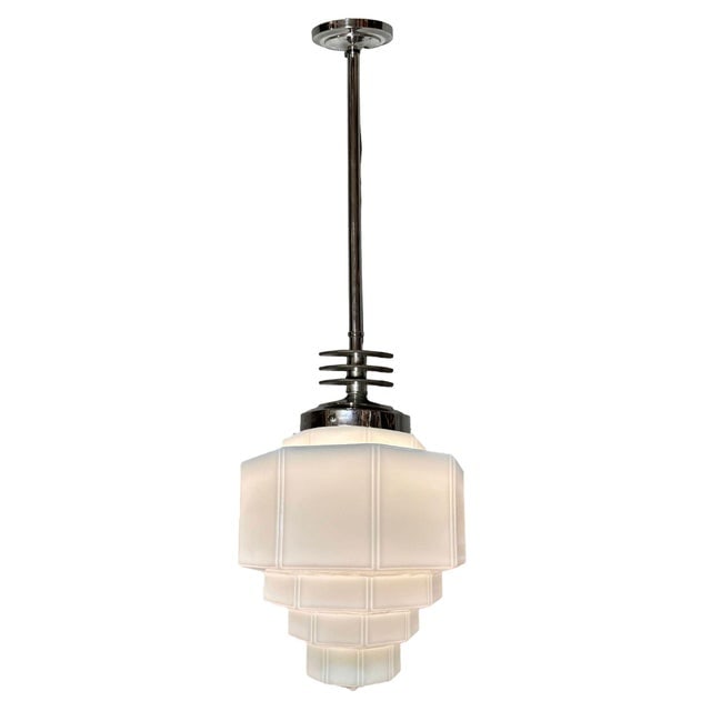 1930s Art Deco Chrome Streamline Pendant Light W/ Stepped Milk Glass Shade - 2
