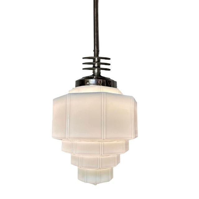 1930s Art Deco Chrome Streamline Pendant Light W/ Stepped Milk Glass Shade - 3