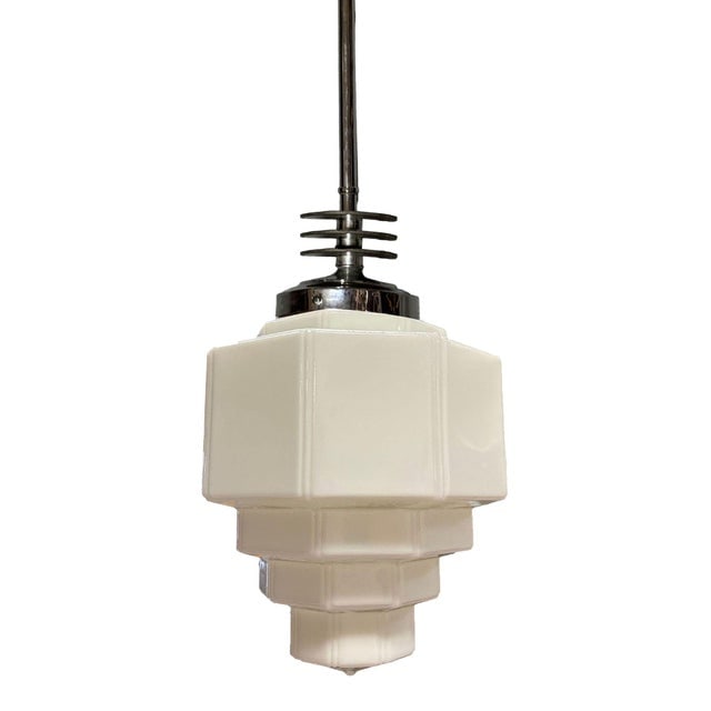 1930s Art Deco Chrome Streamline Pendant Light W/ Stepped Milk Glass Shade - 4