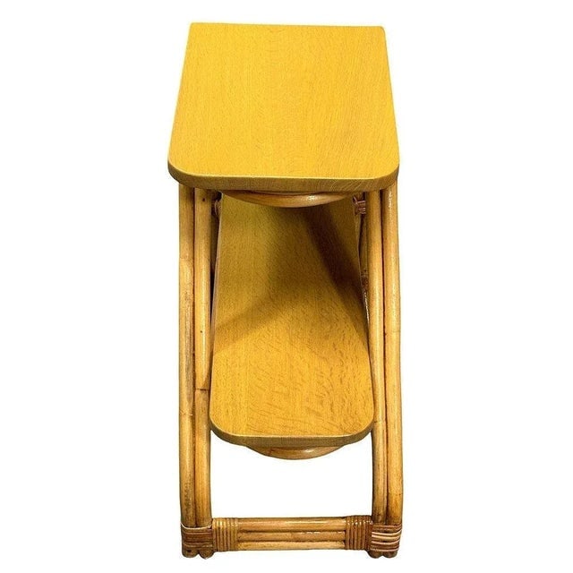 1950s Restored Mid-Century Double-Strand Arched 2-Tiered Rattan & Oak Side Table, Pair - 3