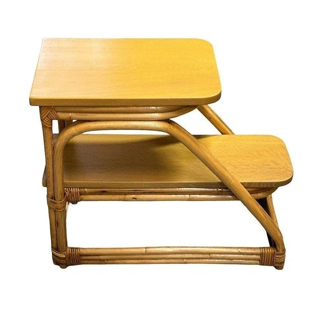 1950s Restored Mid-Century Double-Strand Arched 2-Tiered Rattan & Oak Side Table, Pair - 5