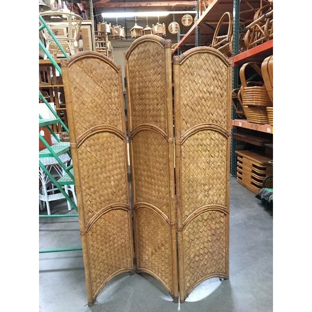 1950s Three Panel Arched Wicker Woven & Rattan Folding Screen - 2