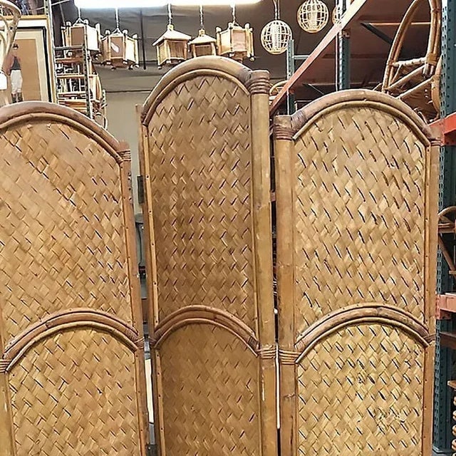 1950s Three Panel Arched Wicker Woven & Rattan Folding Screen - 3