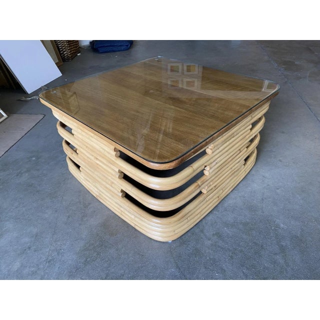 Restored Stacked Slat Rattan Coffee Table With Mahogany & Glass Top - 2