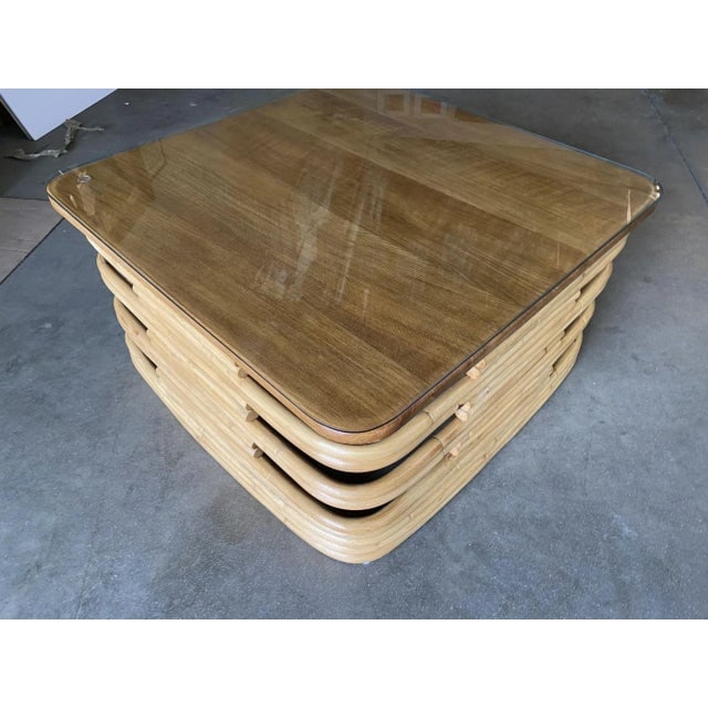 Restored Stacked Slat Rattan Coffee Table With Mahogany & Glass Top - 3