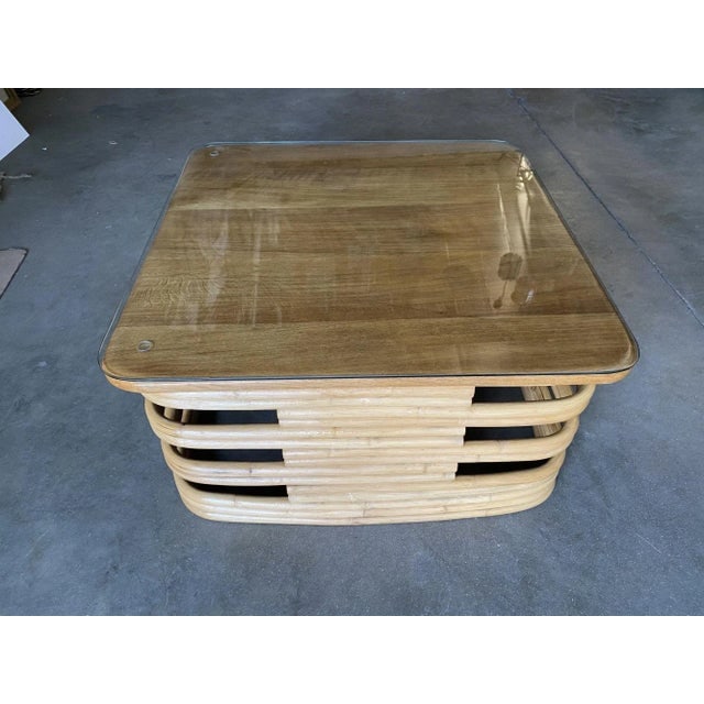 Restored Stacked Slat Rattan Coffee Table With Mahogany & Glass Top - 4