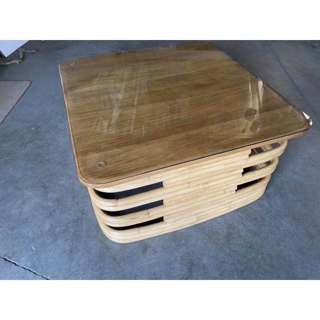 Restored Stacked Slat Rattan Coffee Table With Mahogany & Glass Top - 5