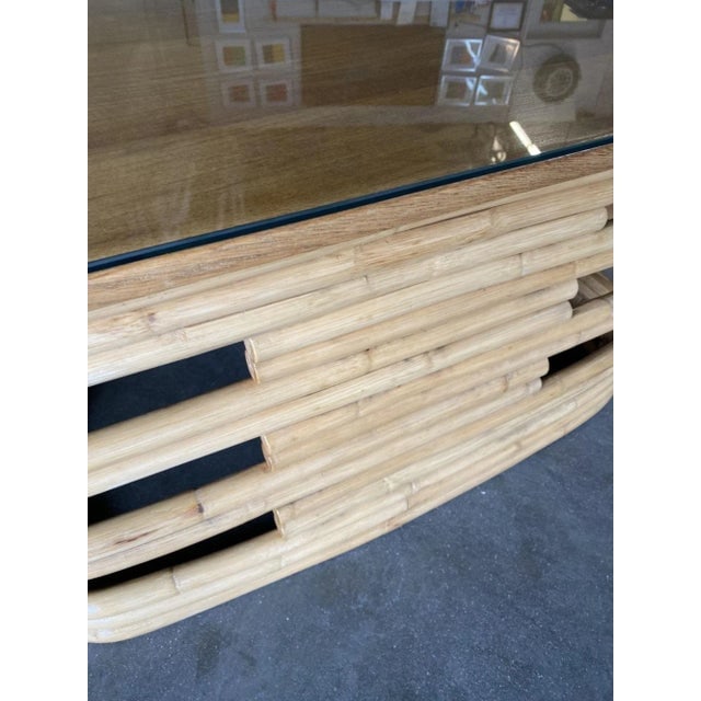 Restored Stacked Slat Rattan Coffee Table With Mahogany & Glass Top - 6