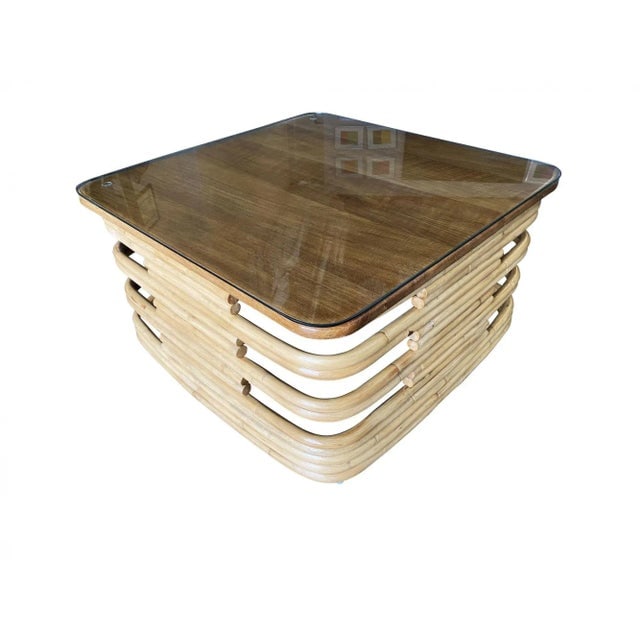 Restored Stacked Slat Rattan Coffee Table With Mahogany & Glass Top - 8