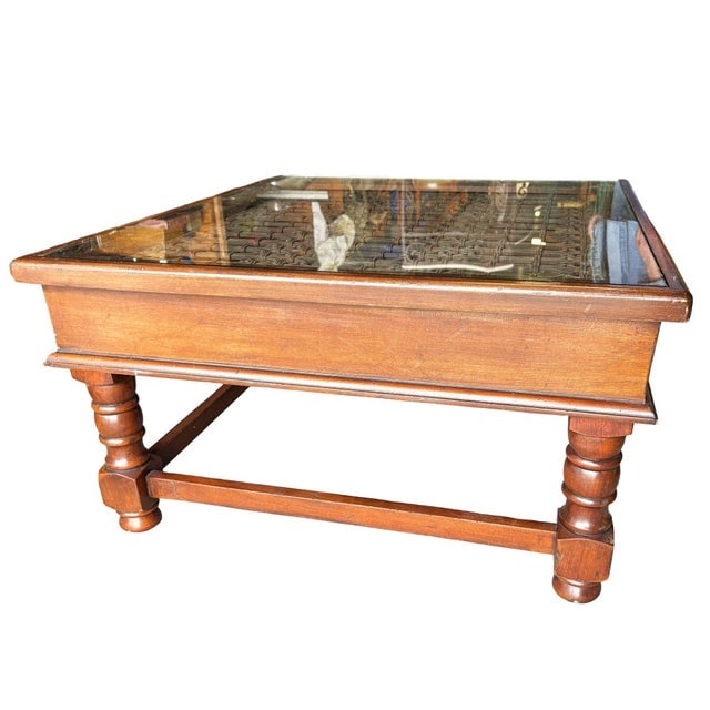 Anglo-Indian Modern Carved Sheesham Wood, Glass & Iron Window Coffee Table - 3
