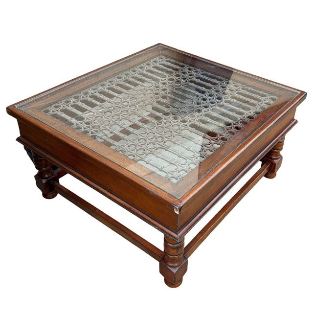 Anglo-Indian Modern Carved Sheesham Wood, Glass & Iron Window Coffee Table - 4