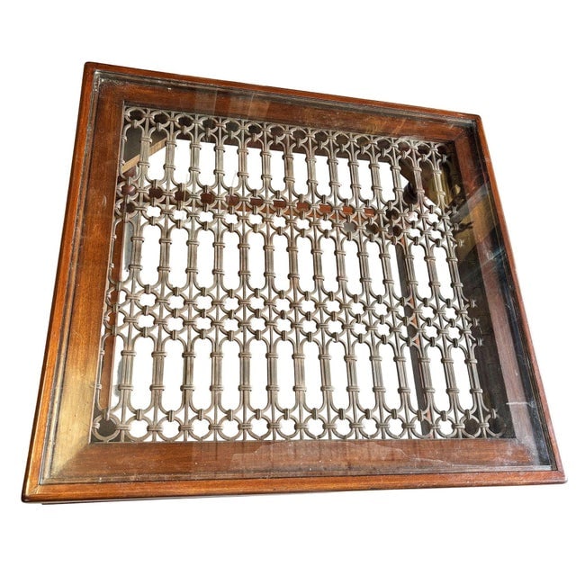 Anglo-Indian Modern Carved Sheesham Wood, Glass & Iron Window Coffee Table - 5